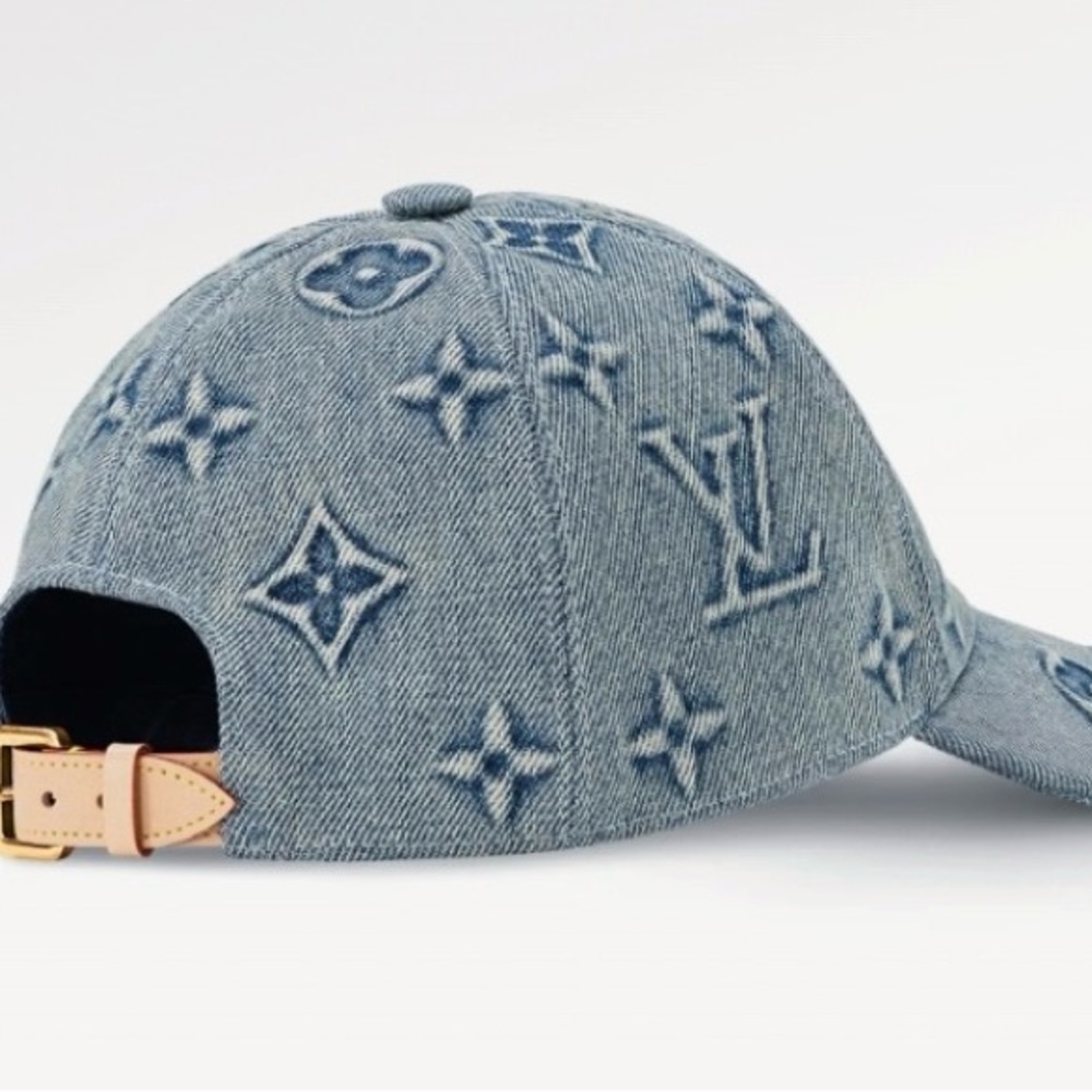 Monogram Denim Embossed Baseball Cap Hat Stiff Logo Canvas Leather Back Strap - Picture 9 of 10